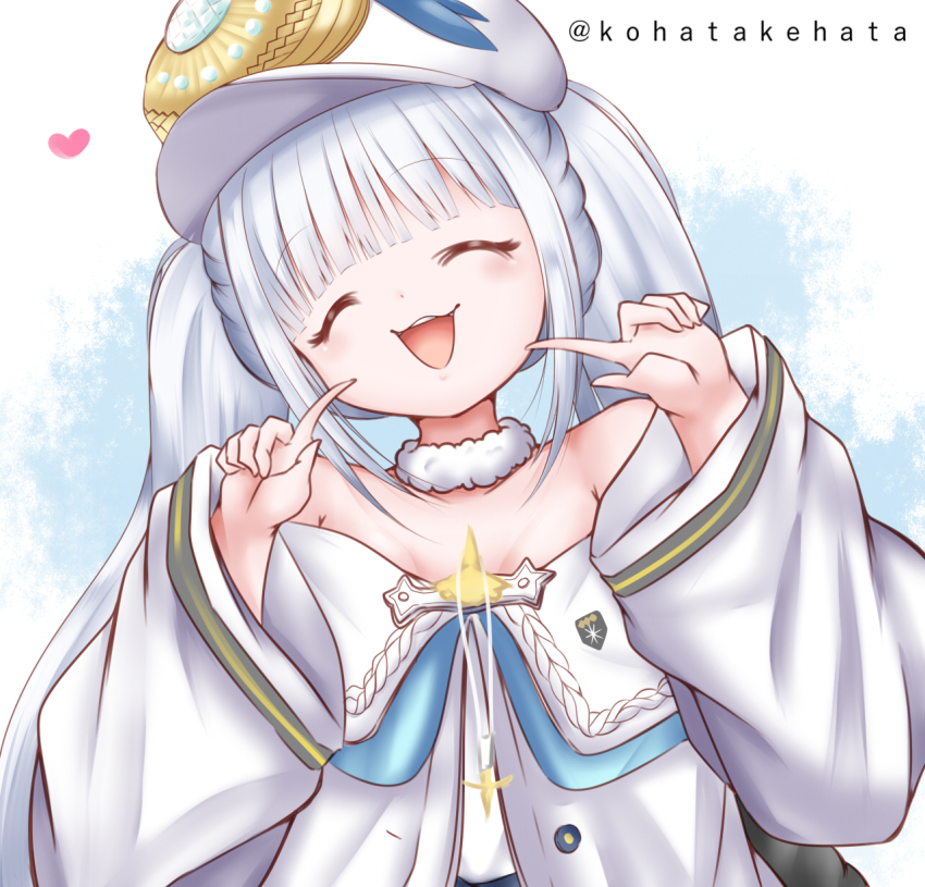 1girl, :d, artist_name, azur_lane, bare_shoulders, closed_eyes, dmitri_donskoi_(azur_lane), fluffy_collar, hat, heart, highres, kohatakehata, open_mouth, parka, peaked_cap, pointing, pointing_at_self, smile, solo, twintails, upper_body, white_hair, white_hat