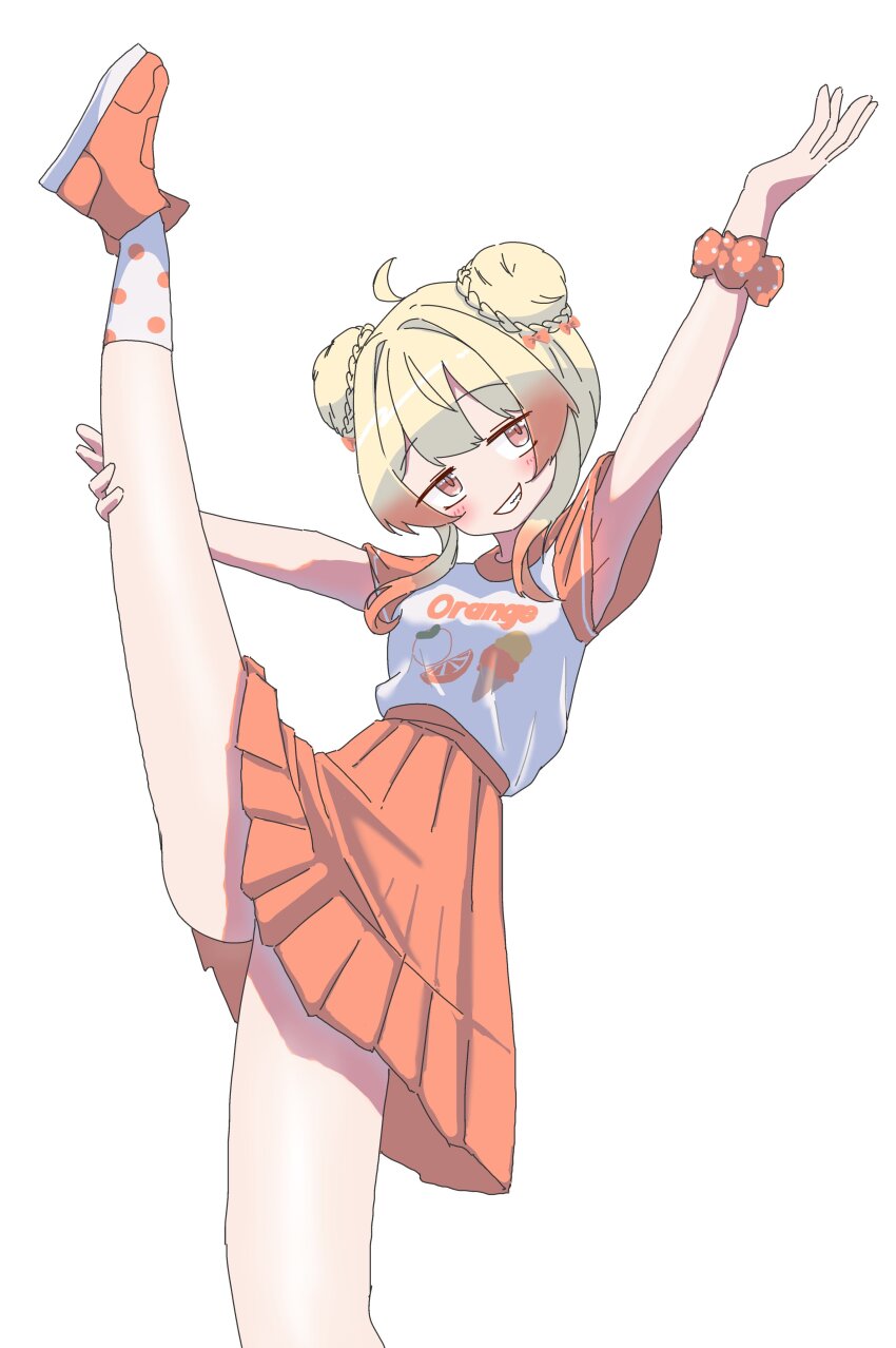 1girl, absurdres, arms_up, artist_request, balancing, clothes_writing, cropped, doyagao
