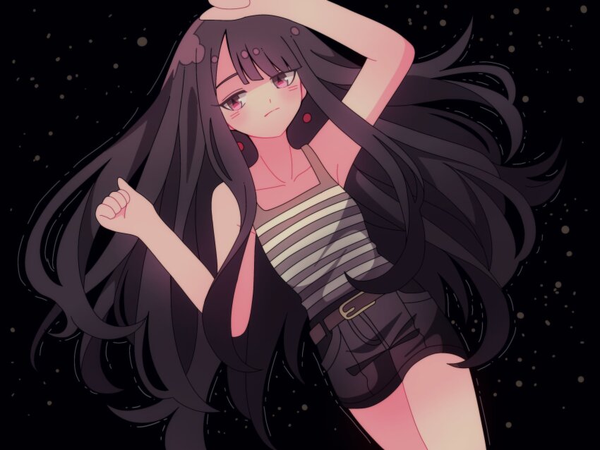 arms_up, belt, black_background, black_hair, black_shorts, brown_belt, camisole, closed_mouth
