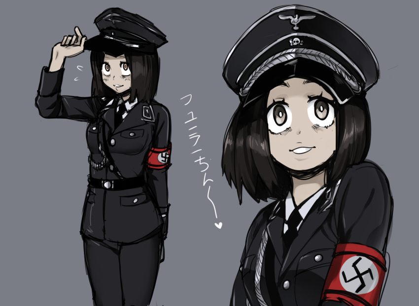 1girl, black_hair, black_jacket, black_pants, blush, collar_tabs, hat, hat_ornament