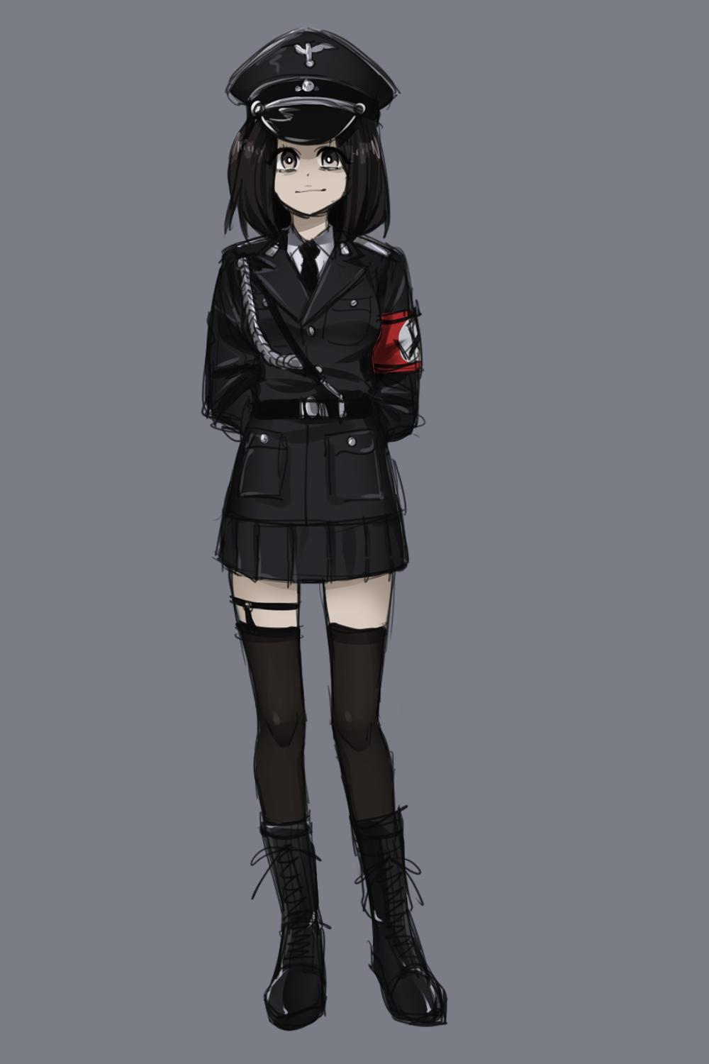 1girl, armband, belt, black_hair, black_thighhighs, bob_cut, boots, closed_mouth, collar_tabs, full_body, germany, grey_background, hat, hat_ornament, highres, kill-chan, knee_boots, lace-up_boots, long_hair, looking_at_viewer, military, military_hat, military_uniform, miniskirt, nazi, necktie, original, peaked_cap, pleated_skirt, reichsadler, saki_(c_ybrbnby), short_hair, simple_background, sketch, skirt, skull_hat_ornament, smile, solo, standing, swastika, thighhighs, totenkopf, zettai_ryouiki