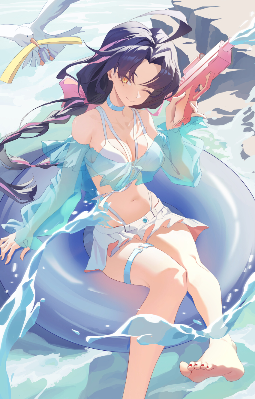 1girl, absurdres, ahoge, animal, beach, bird, breasts, chiyo_(ocean_breeze)_(strinova), chiyo_(strinova), closed_mouth, commentary, day, feet, foot_out_of_frame, highres, holding, holding_water_gun, innertube, long_hair, looking_at_viewer, medium_breasts, one_eye_closed, orange_eyes, outdoors, purple_hair, seagull, smile, strinova, swim_ring, swimsuit, szai, water, water_gun