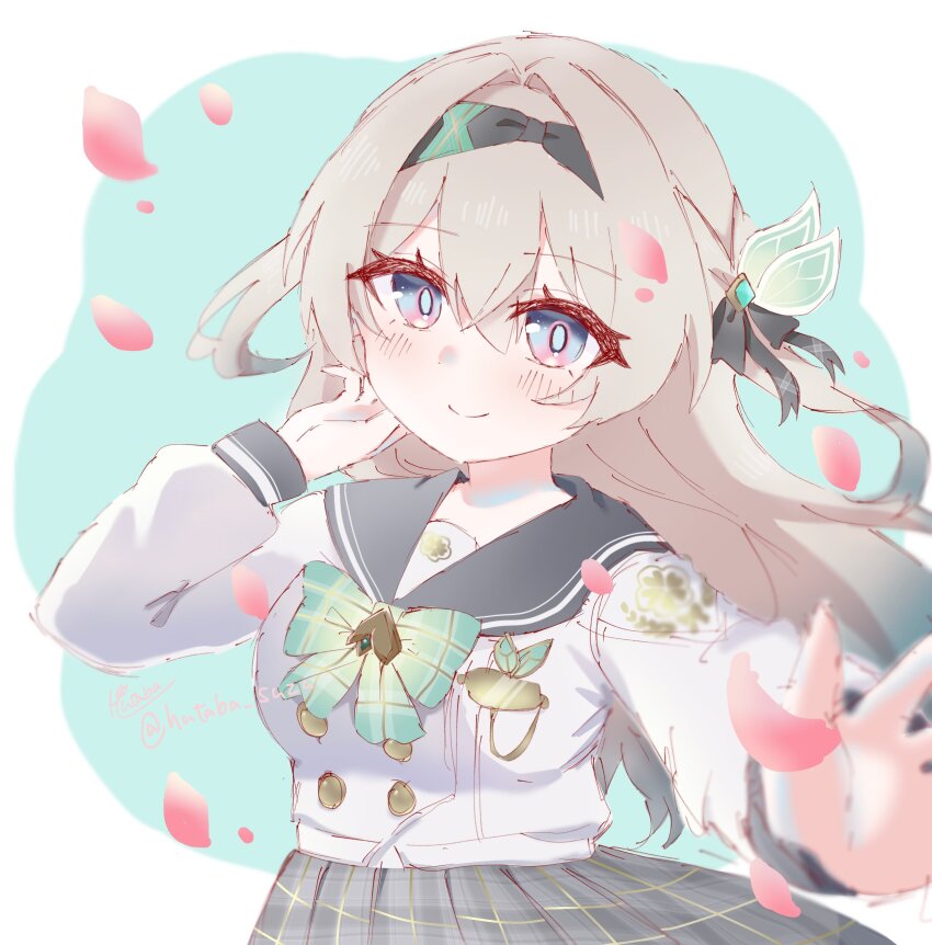 1girl, absurdres, black_hairband, black_ribbon, blush, bow, bowtie, buttons, closed_mouth, double-breasted, falling_petals, firefly_(honkai:_star_rail), firefly_(spring_missive)_(honkai:_star_rail), frilled_sleeves, frills, gradient_eyes, green_bow, green_bowtie, green_pupils, grey_hair, grey_sailor_collar, grey_shirt, hair_between_eyes, hair_intakes, hair_ornament, hair_ribbon, hairband, highres, honkai:_star_rail, honkai_(series), hutaba_suzu, long_sleeves, multicolored_eyes, petals, pink_petals, plaid_bow, plaid_bowtie, plaid_clothes, pleated_skirt, ribbon, sailor_collar, shirt, skirt, smile, solo