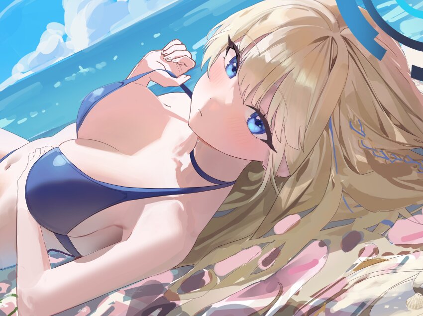 1girl, absurdres, alternate_costume, bikini, blonde_hair, blue_archive, blue_bikini, blue_eyes, blue_halo, breasts, cleavage, closed_mouth, cloud, commentary, day, hair_between_eyes, halo, hido88, highres, large_breasts, long_hair, looking_at_viewer, lying, navel, on_back, outdoors, solo, stomach, swimsuit, toki_(blue_archive), unfinished, very_long_hair, water