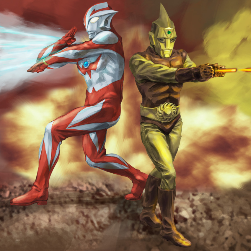 2boys, abs, alien, back-to-back, belt, boots, chest_jewel, crossover, cyborg, energy, energy_beam, energy_bolt, gem, gem_on_head, giant, gloves, glowing, glowing_eyes, igunuk, kaijin, melos_(ultra_series), multiple_boys, muscular, muscular_arms, muscular_male, no_humans, no_pupils, p-productions, particle_beam, pectorals, seijin, spectre-flash, spectreman, spectreman_(character), superhero_costume, the_ultraman_(manga), thick_thighs, thighs, tsuburaya_productions, ultra_series, yellow_eyes