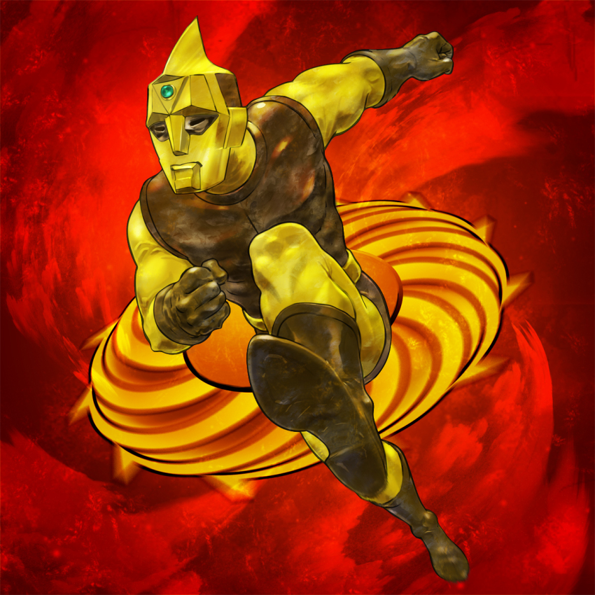 1boy, abs, alien, boots, cyborg, gem, gem_on_head, gloves, highres, igunuk, jumping, kaijin, muscular, muscular_arms, muscular_legs, muscular_male, no_humans, p-productions, pectorals, seijin, spectreman, spectreman_(character), superhero_costume