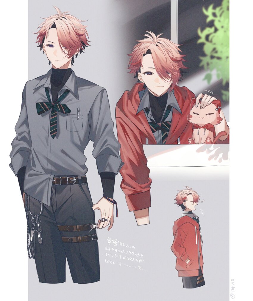 1boy, akaiko_(seraph_dazzlegarden), antenna_hair, artist_name, belt, belt_buckle, black_hair, black_pants, black_shirt, blue_necktie, bracelet, breast_pocket, brown_belt, buckle, cat, chain, closed_eyes, closed_mouth, collared_shirt, cowboy_shot, cropped_legs, diagonal-striped_clothes, diagonal-striped_necktie, drawstring, folding_knife, grey_background, grey_shirt, hand_in_pocket, highres, hood, hood_down, hoodie, jewelry, knife, long_sleeves, looking_at_viewer, male_focus, multicolored_hair, multiple_views, necktie, nijisanji, official_alternate_costume, open_mouth, pants, parted_bangs, petting, pink_hair, pocket, profile, red_eyes, red_hair, red_hoodie, ring, school_uniform, seraph_dazzlegarden, seraph_dazzlegarden_(school_uniform), shirt, shirt_partially_tucked_in, short_hair, squeans, standing, streaked_hair, striped_clothes, striped_necktie, sugikichi, switchblade, thigh_strap, translation_request, turtleneck, twitter_username, undershirt, virtual_youtuber, wallet_chain, white_background, yawning