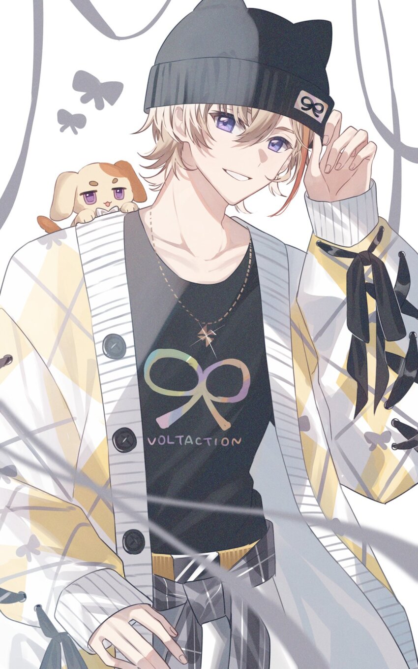 1boy, animal_hat, argyle_clothes, argyle_coat, beanie, black_hat, black_ribbon, black_shirt