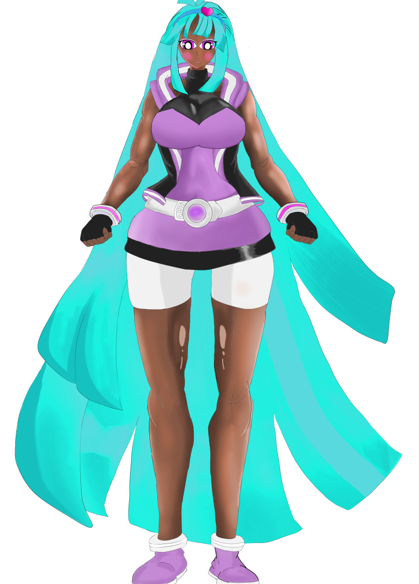 absurdres, belt, black_gloves, black_jacket, black_skin, bliss_(ppg), blue_hair, breasts