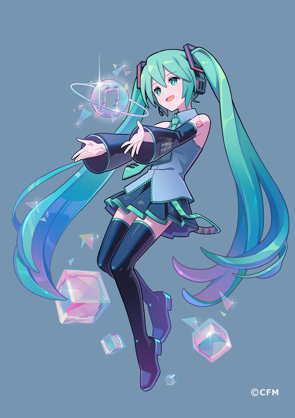 1girl, aqua_eyes, aqua_hair, bare_shoulders, beamed_eighth_notes, boots, commentary, cube
