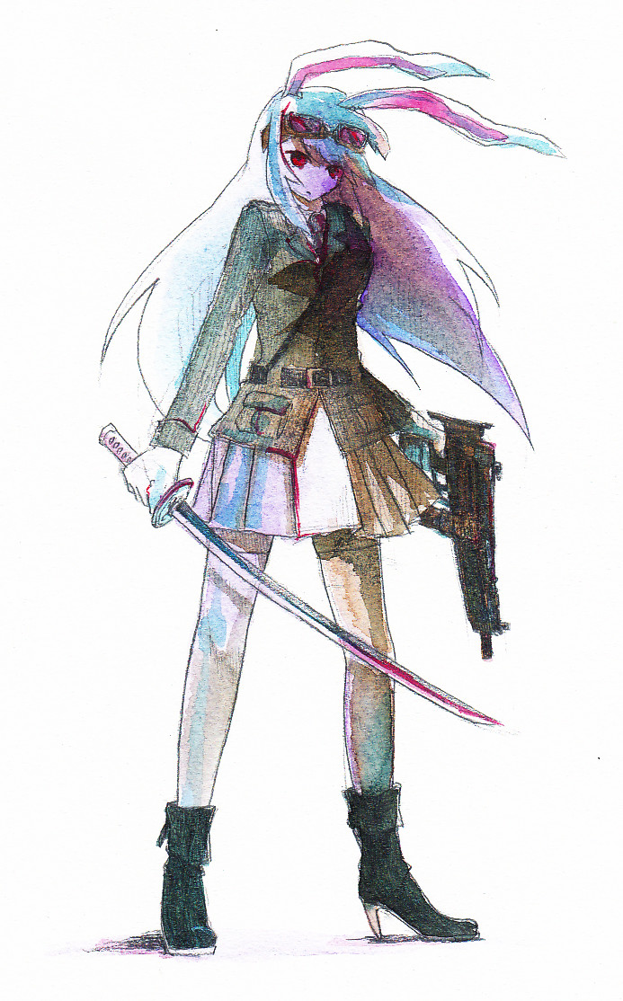 1girl, animal_ears, aosaki, bad_id, bad_pixiv_id, rabbit_ears, female_focus, full_body, goggles, gun, high_heels, long_hair, red_eyes, reisen_udongein_inaba, shoes, skirt, solo, sword, touhou, traditional_media, weapon, white_background