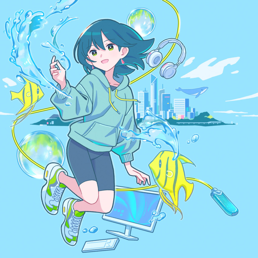 1girl, angelfish, bike_shorts, black_shorts, blue_background, blue_hoodie, bubble, building