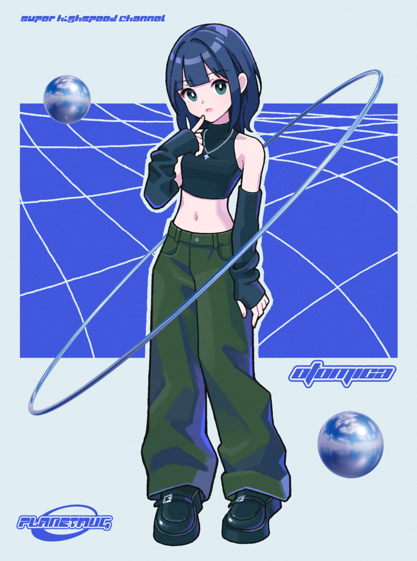 1girl, acid_graphics, arm_warmers, bare_shoulders, black_arm_warmers, black_shirt, black_shoes, blue_hair, bob_cut, crop_top, english_text, green_eyes, green_pants, highres, jewelry, looking_at_viewer, midriff, navel, necklace, open_mouth, orb, original, otomica, pants, shirt, shoes, short_hair, sleeveless, sleeveless_shirt, solo, y2k_fashion