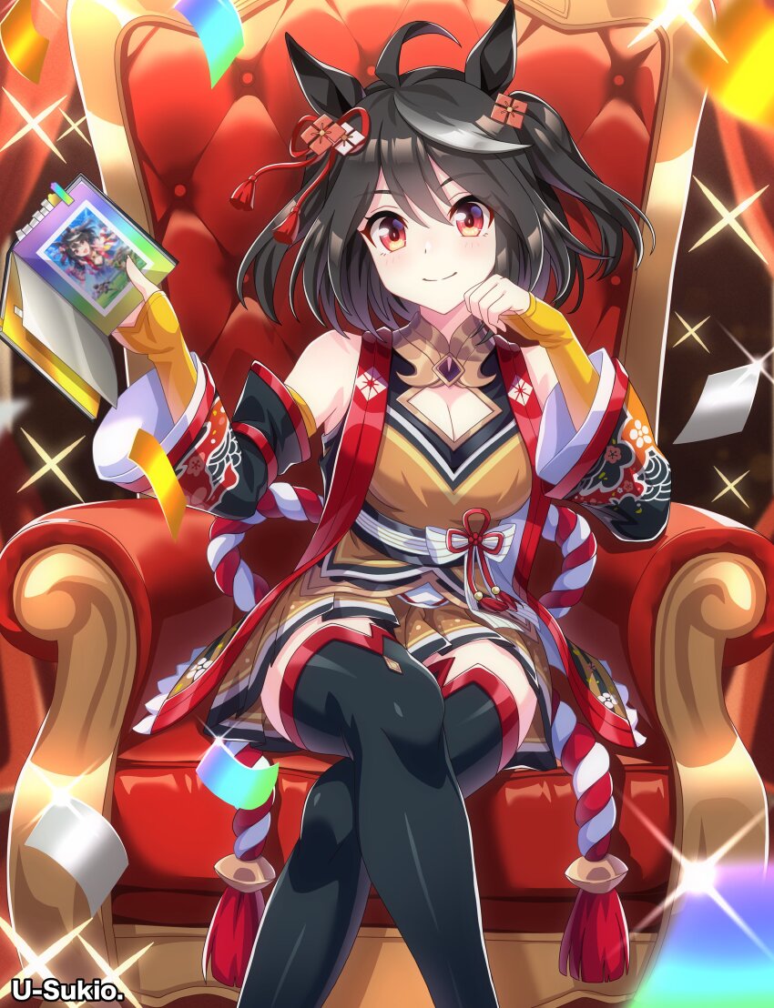 1girl, absurdres, ahoge, animal_ears, black_sash, black_sleeves, black_thighhighs, blush, breasts, card, cleavage, closed_mouth, commentary, crossed_legs, detached_sleeves, dress, english_commentary, feet_out_of_frame, fingerless_gloves, gloves, highres, holding, holding_card, horse_ears, horse_girl, kitasan_black_(umamusume), large_breasts, looking_at_viewer, orange_eyes, pleated_dress, rope, sash, short_hair, sitting, sleeveless, sleeveless_dress, smile, solo, sparkle, thighhighs, throne, two_side_up, u-sukio., umamusume, yellow_dress, yellow_gloves