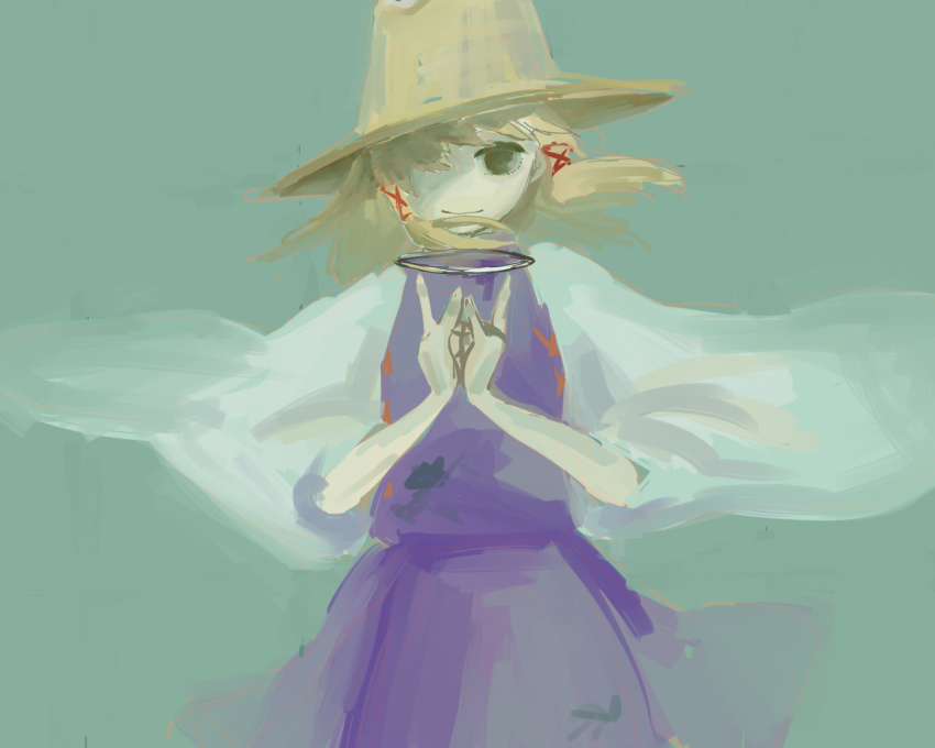 1girl, aosaki, blonde_hair, female_focus, hair_over_one_eye, hat, moriya's_iron_rings, moriya_suwako