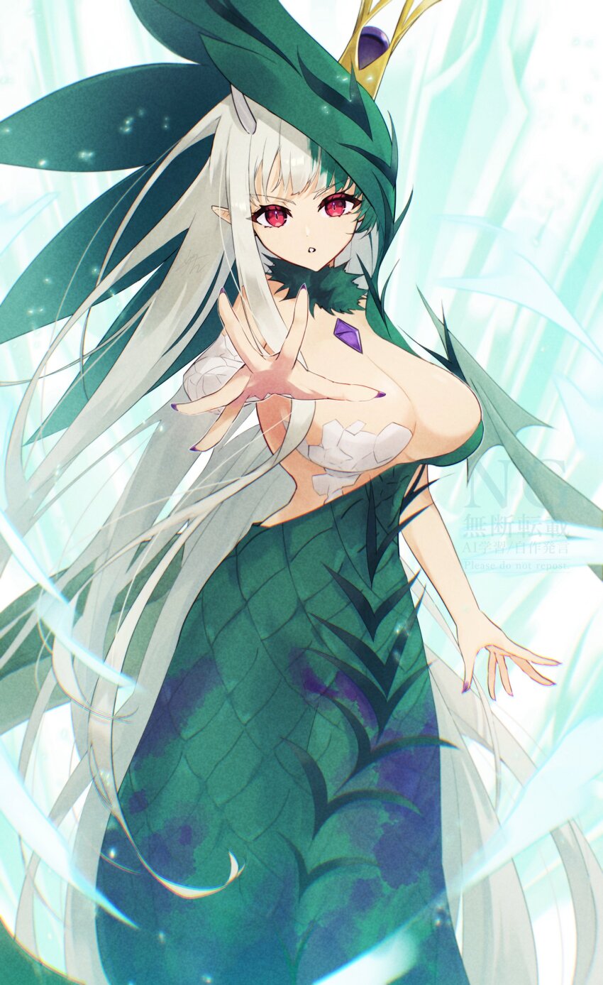 1girl, absurdres, biscione_(fate), biscione_(third_ascension)_(fate), breasts, chest_jewel, crown, dragon_horns