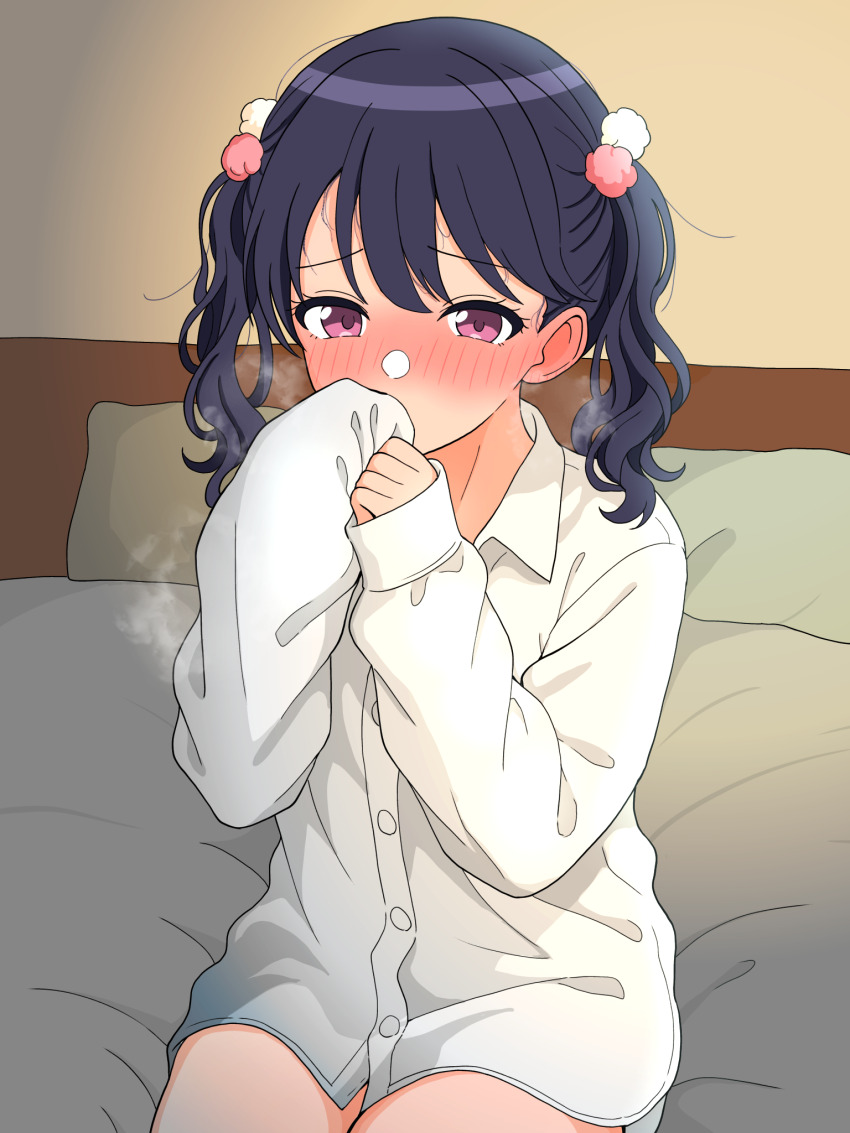 1girl, black_hair, blush, borrowed_clothes, commentary_request, dress_shirt, fukumaru_koito, hair_ornament