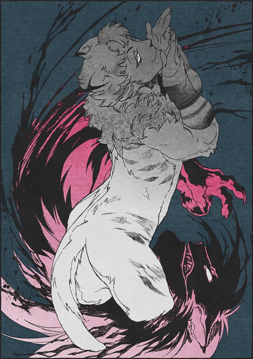 2boys, animal_ears, arm_warmers, bakushi_(smys2017), blue_background, body_fur, cat_boy, cat_ears