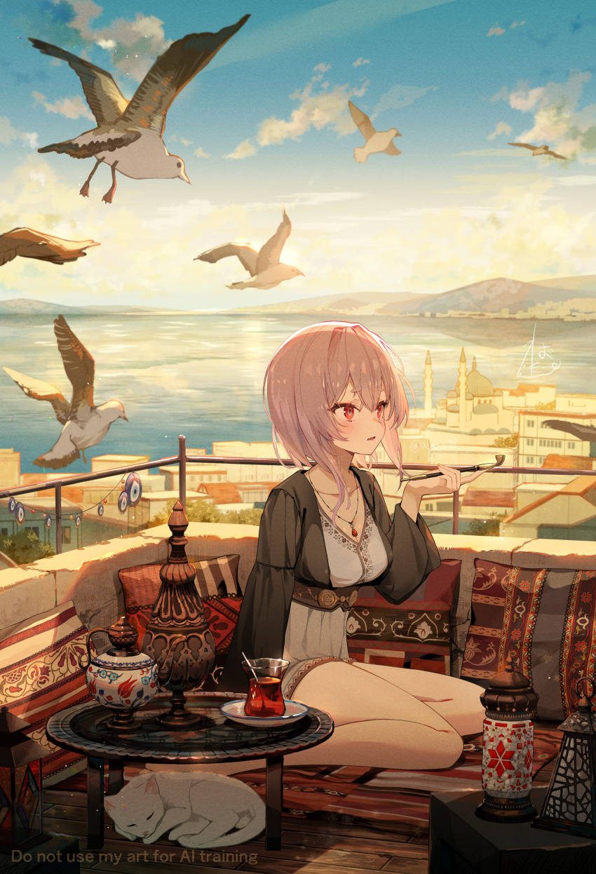 1girl, absurdres, animal, bird, blue_sky, blush, breasts, building