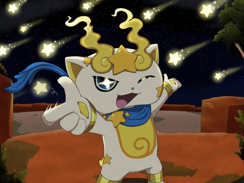 animal_ears, blue_scarf, businyan_teetee, falling_star, highres, kirakoma, looking_at_viewer, no_humans, one_eye_closed, open_mouth, pointing, scarf, solo, star_(symbol), white_fur, youkai_(youkai_watch), youkai_watch