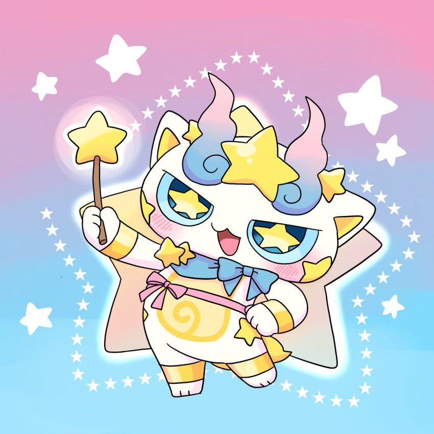 animal_ears, blue_background, blush, gradient_background, highres, holding, holding_wand, kirakoma, looking_at_viewer, no_humans, open_mouth, pink_background, star-shaped_pupils, star_(symbol), star_wand, symbol-shaped_pupils, two-tone_background, wand, white_fur, youkai_(youkai_watch), youkai_700, youkai_watch