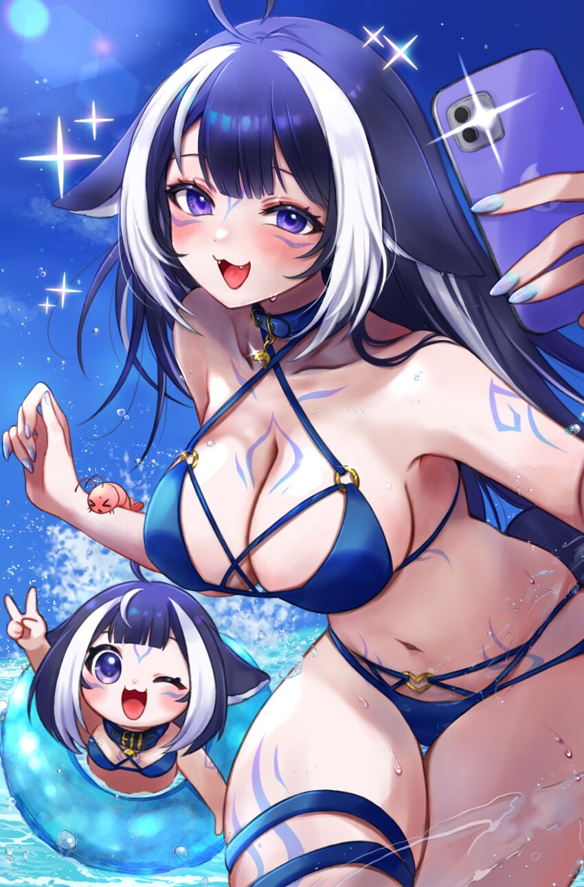 1girl, absurdres, ahoge, arm_markings, bikini, black_hair, blue_bikini, blue_collar