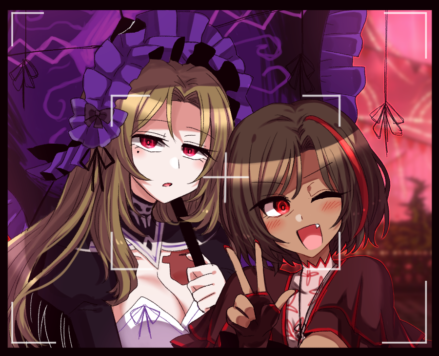 2girls, :d, black_bow, bonnet, bow, breasts, brown_hair, corset