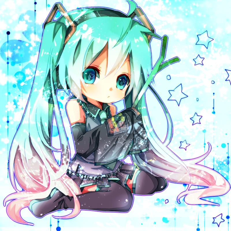 1girl, aqua_eyes, black_thighhighs, chibi, female_focus, gradient_hair, hatsune_miku, headphones, heart, heart-shaped_pupils, long_hair, miniskirt, multicolored_hair, necktie, saori_(tennpura), skirt, solo, spring_onion, symbol-shaped_pupils, tennpura, thighhighs, twintails, very_long_hair, vocaloid, zettai_ryouiki