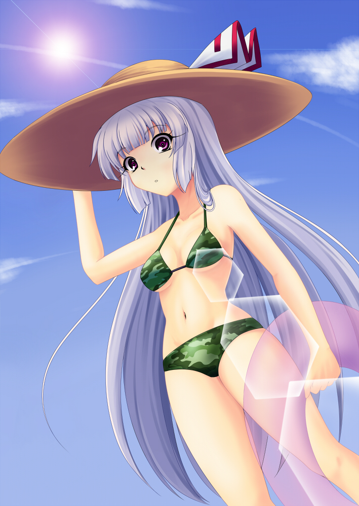 1girl, aitsugawa_rui, bad_id, bad_pixiv_id, bikini, camouflage, female_focus, fujiwara_no_mokou