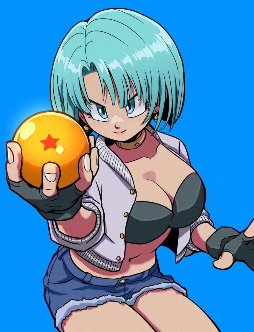 1girl, absurdres, black_bra, black_gloves, blue_background, blue_eyes, blue_hair, blue_shorts
