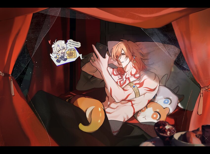 2boys, abs, animal_ears, antenna_hair, arm_tattoo, armlet, bedroom, blonde_hair