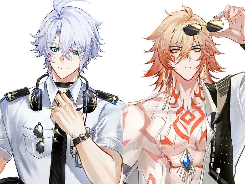 2boys, abs, absurdres, adjusting_clothes, adjusting_necktie, alternate_costume, antenna_hair, arm_strap