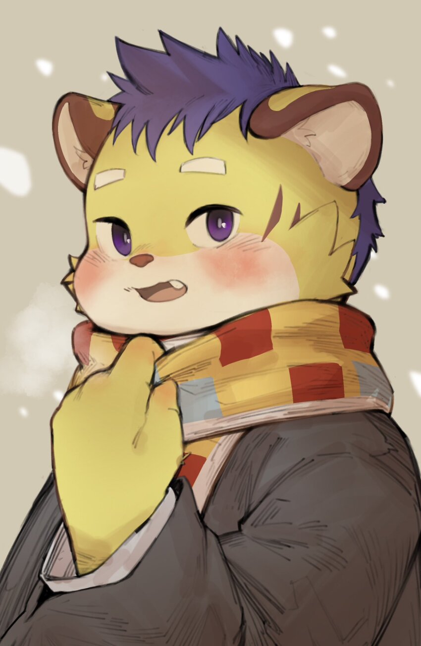 1boy, animal_ears, black_kimono, blush, chinese_commentary, commentary_request, enokorogusa2, fang, furry, furry_male, highres, japanese_clothes, kai_(tamacolle), kimono, looking_at_viewer, male_focus, open_mouth, scarf, snow, tamacolle, tiger_boy, tiger_ears, tiger_stripes, upper_body