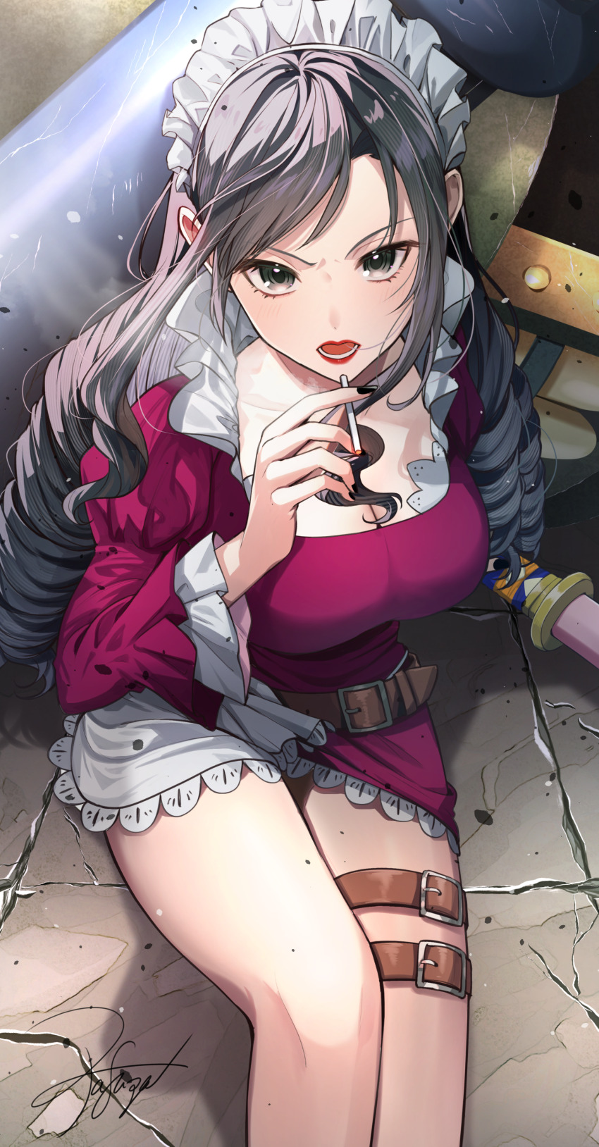 1girl, absurdres, apron, baby_5, belt, black_eyes, black_hair, black_nails, blush, breasts, brown_belt, cigarette, cleavage, commentary, dress, drill_hair, feet_out_of_frame, frilled_sleeves, frills, from_above, highres, holding, holding_cigarette, katana, lipstick, long_hair, long_sleeves, looking_at_viewer, maid_apron, maid_headdress, makeup, medium_breasts, nail_polish, no_1pafu, one_piece, open_mouth, purple_dress, red_lips, scowl, short_dress, signature, sitting, smoking, solo, swept_bangs, sword, thigh_belt, thigh_strap, tsurime, v-shaped_eyebrows, weapon