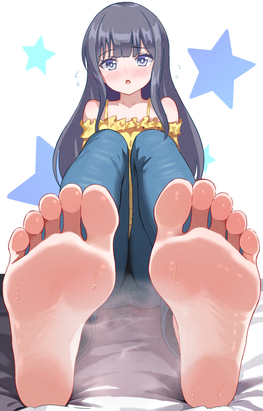 1girl, absurdres, barefoot, black_hair, blue_eyes, blush, feet, highres