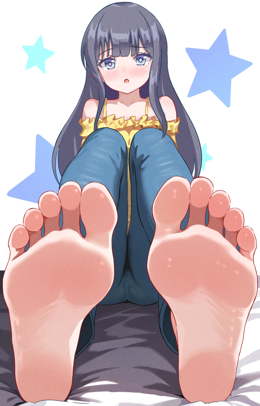 1girl, absurdres, barefoot, black_hair, blue_eyes, blush, feet, highres