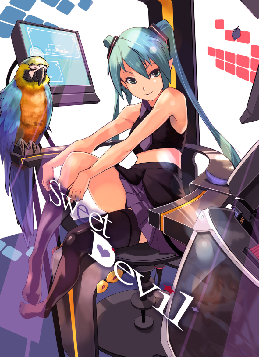 1girl, aqua_hair, bigegg, bird, chair, female_focus, green_hair, hatsune_miku