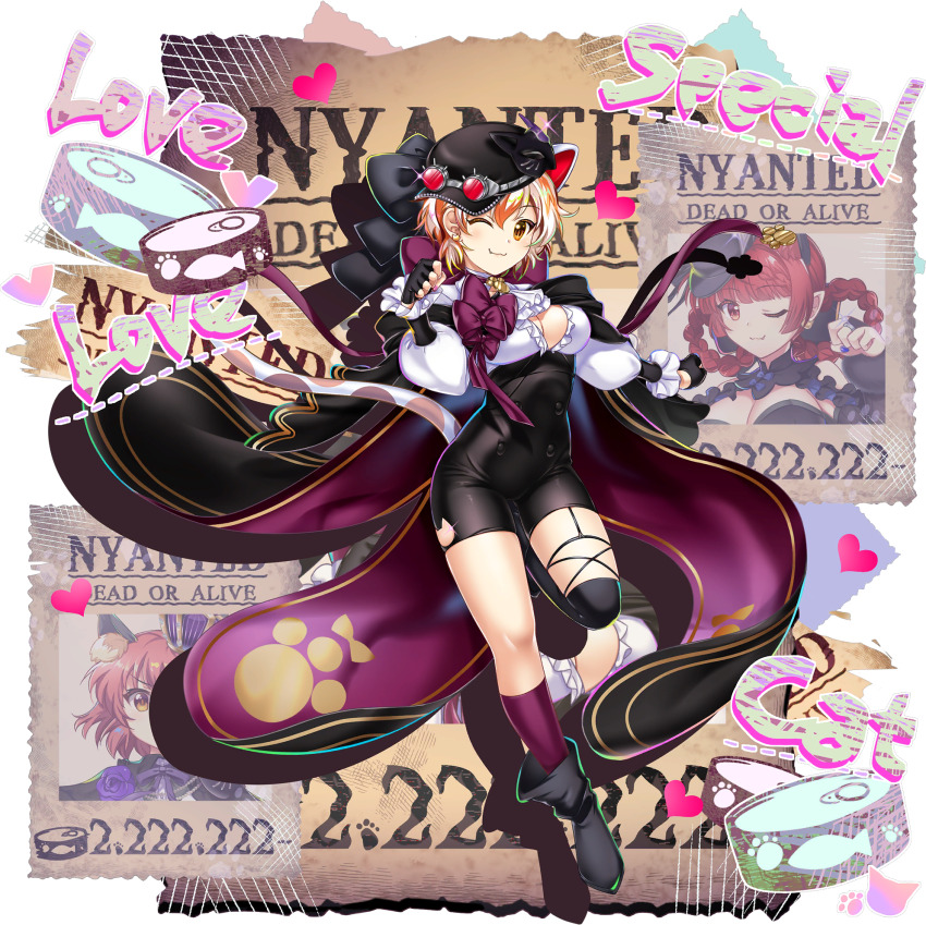 1girl, alternate_costume, animal_ears, ascot, asymmetrical_legwear, black_boots, black_hat, black_thighhighs, boots, breasts, calico_(pattern), canned_fish, cat_ears, cat_girl, cat_tail, chen, chen_(pikara_formula), cleavage, cleavage_cutout, closed_mouth, clothing_cutout, english_text, eyewear_on_headwear, fang, fang_out, fingerless_gloves, game_cg, gloves, goutokuji_mike, goutokuji_mike_(pikara_fortune), hat, heart, high-waist_shorts, highres, kaenbyou_rin, kaenbyou_rin_(pikara_flame), kneehighs, leg_up, long_sleeves, looking_at_viewer, mask_on_hat, medium_breasts, mismatched_legwear, multicolored_hair, multicolored_tail, official_art, one_eye_closed, paw_pose, poster_(object), puffy_long_sleeves, puffy_sleeves, purple_socks, rotte_(1109), shirt, short_hair, shorts, silhouette, single_kneehigh, single_sock, single_thighhigh, smile, socks, solo, tail, thighhighs, third-party_source, touhou, touhou_lostword, transparent_background, underbust, wanted_poster, white_ascot, white_shirt