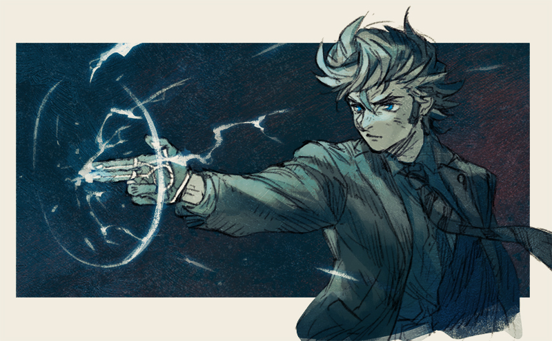 1boy, arm_at_side, black_necktie, blazer, blue_background, blue_eyes, border, brown_hair, dirty, dirty_face, double_finger_gun, dress_shirt, electricity, facing_to_the_side, finger_gun, gloves, grey_gloves, grey_jacket, grey_shirt, hashibi_rokou, jacket, looking_ahead, male_focus, muted_color, necktie, open_clothes, open_jacket, outstretched_arm, pointing, pompadour, shirt, spot_color, spyral_super_agent, striped_clothes, striped_shirt, turning_head, upper_body, white_border, wind, yu-gi-oh!