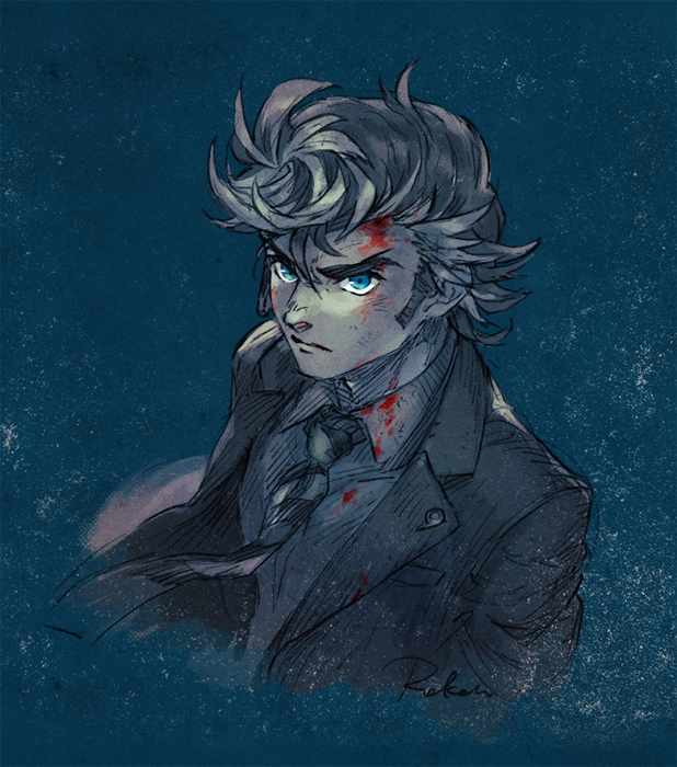 1boy, angry, black_jacket, black_necktie, blazer, blood, blood_from_forehead, blood_on_clothes