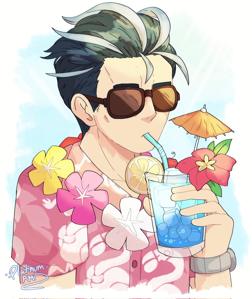 1boy, black_hair, character_print, collared_shirt, corrupted_twitter_file, drinking, flower_wreath, highres