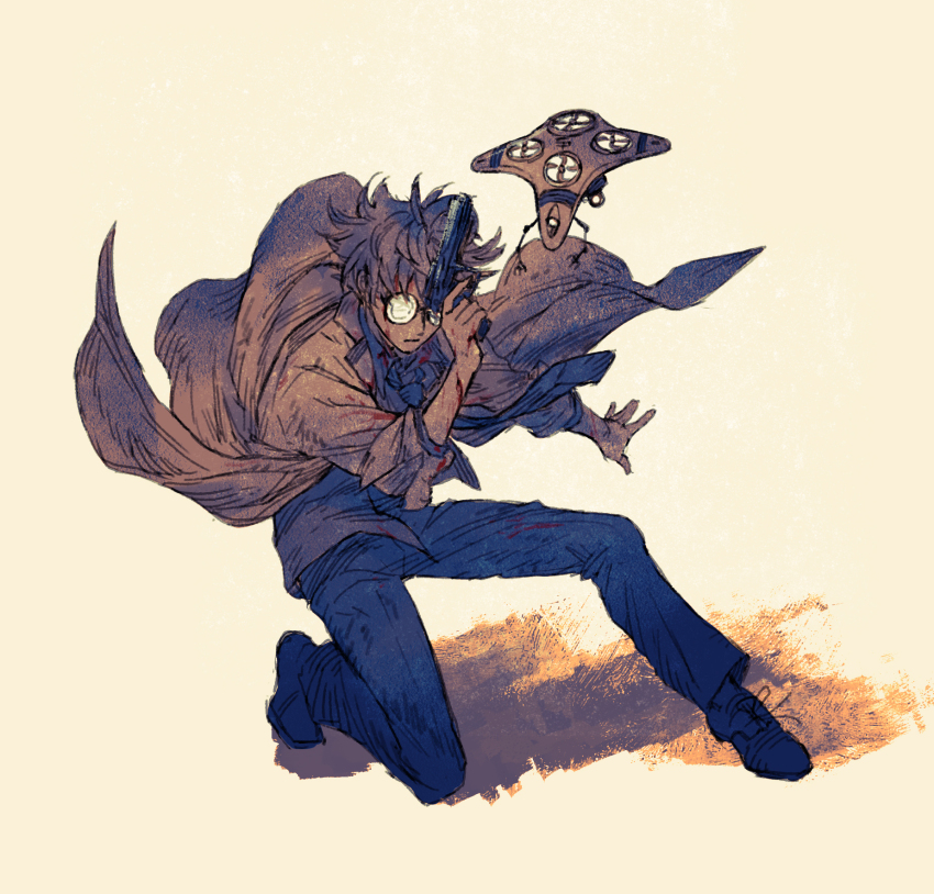 1boy, arm_up, black_necktie, black_pants, black_shoes, bleeding, blood, blood_from_forehead