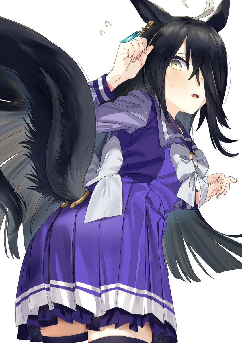 1girl, ahoge, animal_ears, ass, black_hair, blush, bow, bowtie