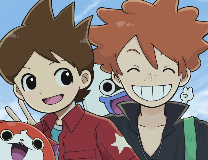 2boys, amano_keita, black_jacket, brown_hair, buck_hazeltine, closed_eyes, collared_jacket, grin