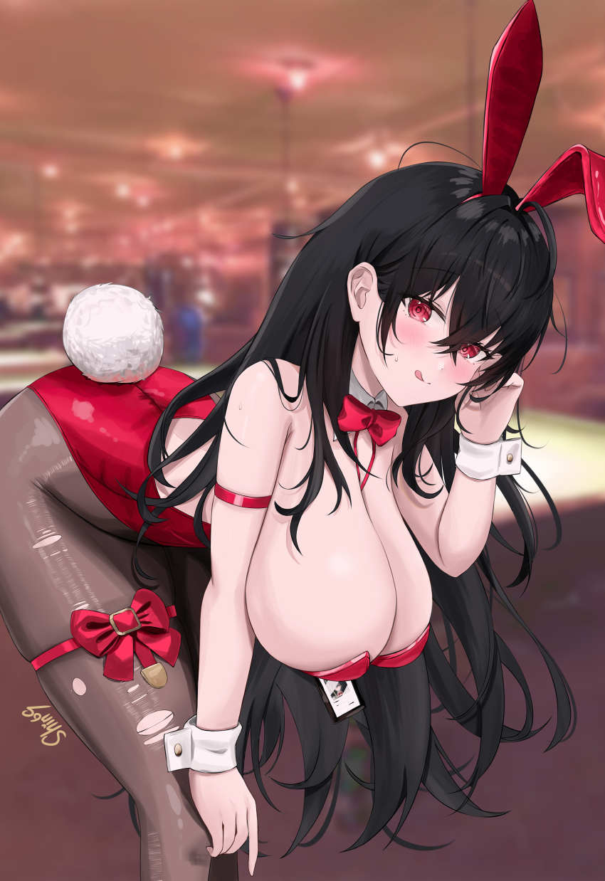 1girl, absurdres, animal_ear_hairband, animal_ears, azur_lane, bent_over, black_hair, bow