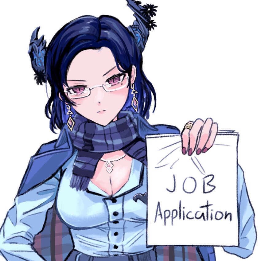 1girl, asymmetrical_horns, black_hair, black_horns, black_scarf, blue_coat, blue_hair, breasts, cleavage, closed_mouth, coat, coat_on_shoulders, colored_inner_hair, commentary, earrings, english_commentary, glasses, hanaswing, highres, hololive, hololive_english, horns, jewelry, job_application_form_(meme), looking_at_viewer, medium_hair, meme, mole, mole_under_eye, multicolored_hair, necklace, nerissa_ravencroft, nerissa_ravencroft_(casual), office_lady, official_alternate_costume, official_alternate_hairstyle, pink_eyes, plaid_clothes, plaid_scarf, scarf, shirt, simple_background, slit_pupils, solo, virtual_youtuber, white_background, white_shirt