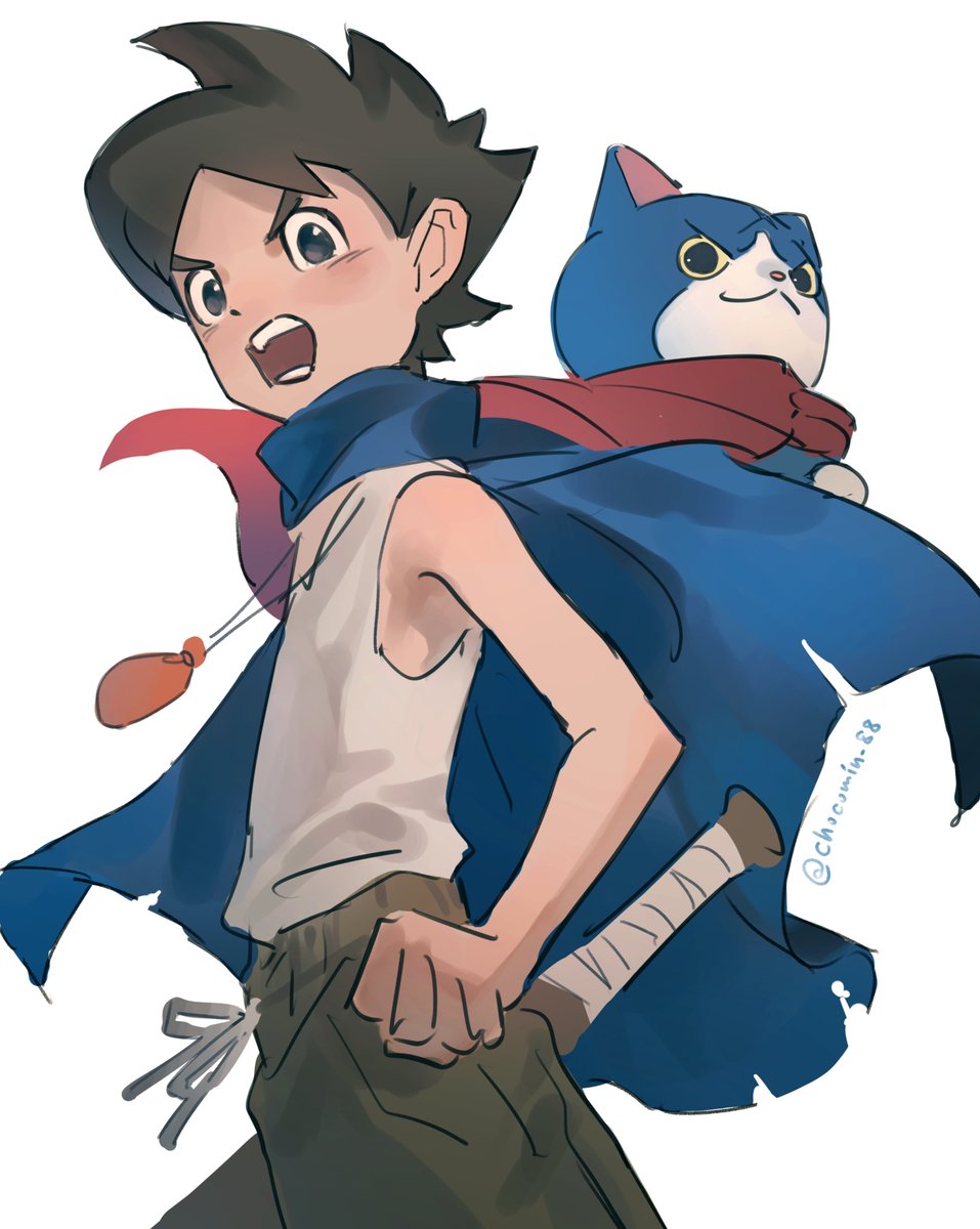 1boy, artist_name, blue_cape, blue_fur, brown_hair, brown_pants, cape, chocomin_88