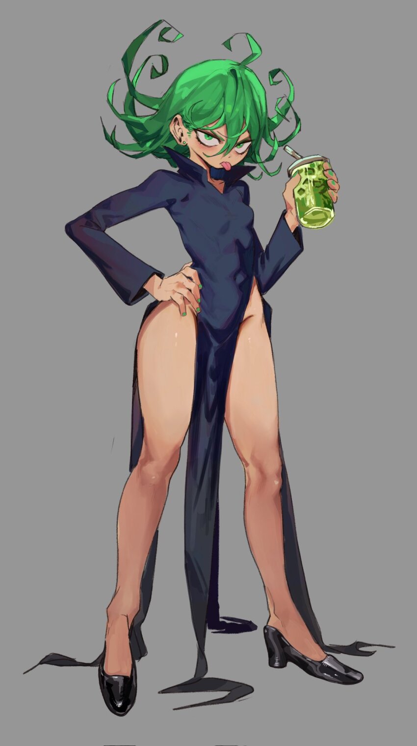 1girl, ahoge, black_dress, breasts, covered_navel, cup, curly_hair, dress