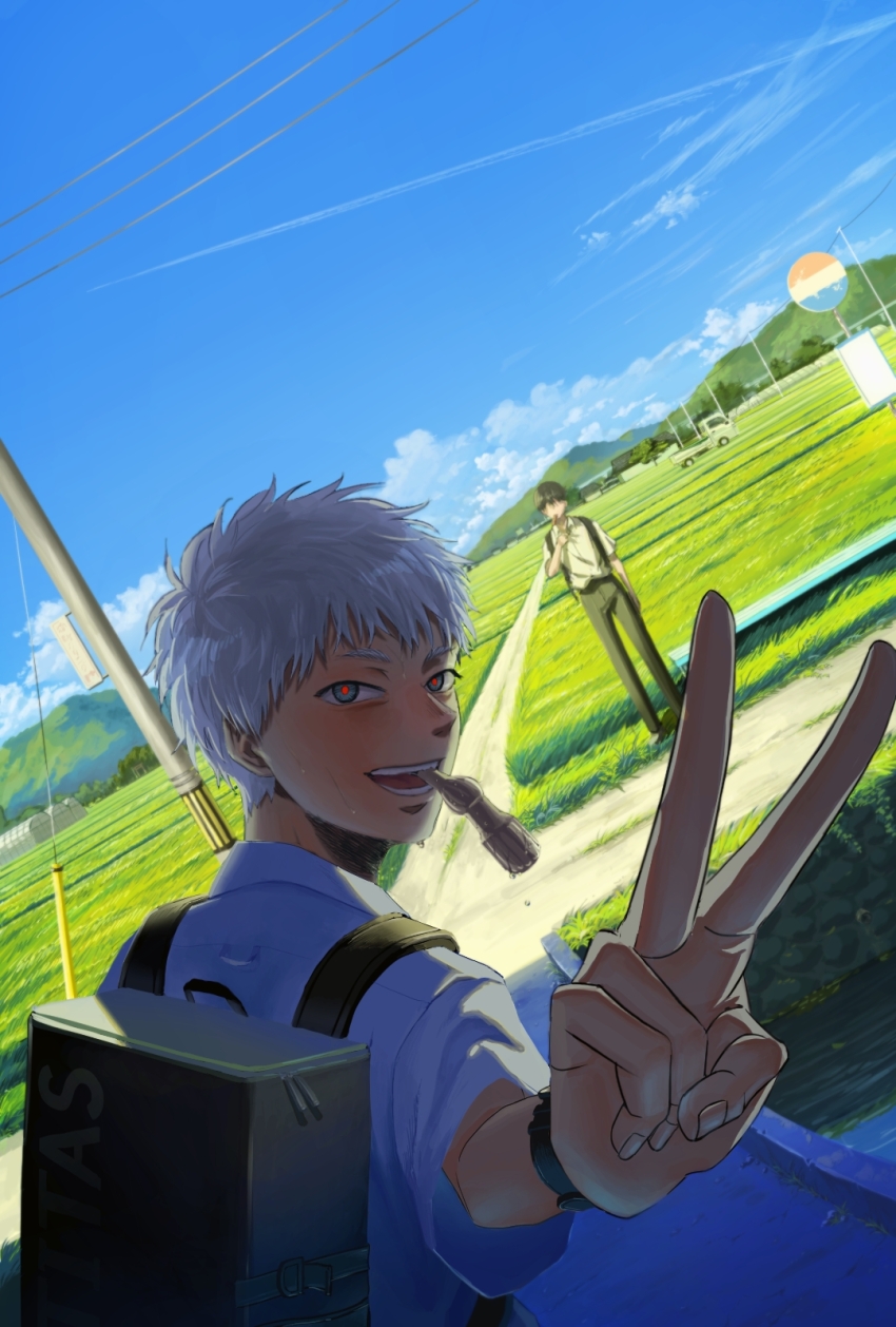 2boys, back, backpack, bag, black_hair, collared_shirt, commentary_request, fingernails, highres, hikaru_ga_shinda_natsu, indou_hikaru, looking_at_viewer, looking_back, male_focus, mouth_hold, multiple_boys, nano_(h-koki0911), red_pupils, shirt, short_hair, smile, solo_focus, standing, teeth, teeth_hold, tongue, tsujinaka_yoshiki, v, watch, white_hair, white_shirt, wristwatch
