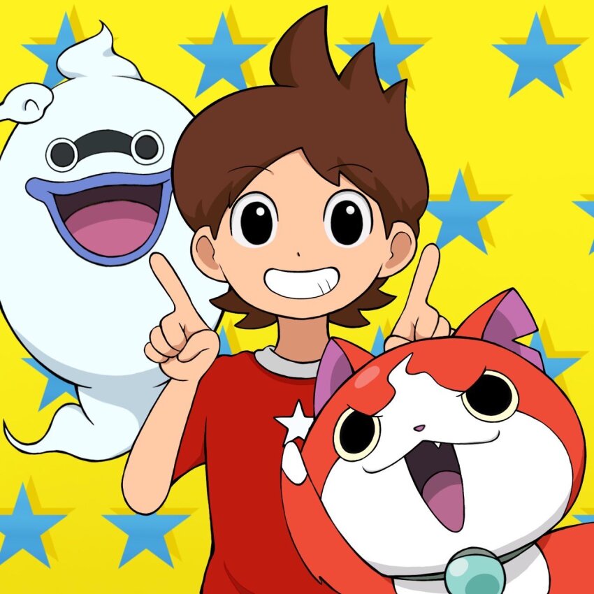 1boy, amano_keita, blue_background, brown_hair, ghost, grin, highres, jibanyan
